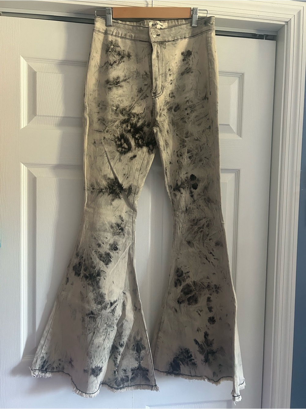 Stretchy Gray Flare Jeans with Black Tie-Dye